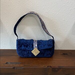 Cost Plus World Market Navy Blue Velvet Shoulder Bag with Gold Accent